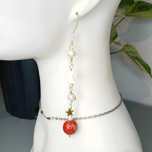 Long Statement Freshwater Pearl, Apple Coral, Seashells, Moons, & Stars Earrings - Picture 1 of 9